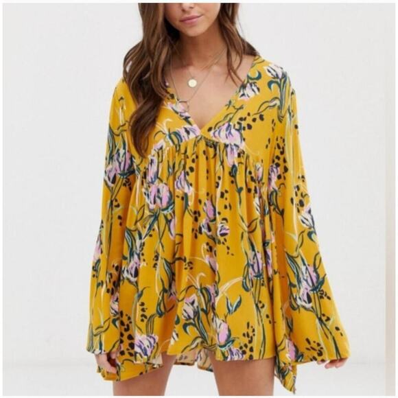 Free People Size Small Bella Golden Yellow Floral Tunic Blouse‎ - Picture 1 of 14